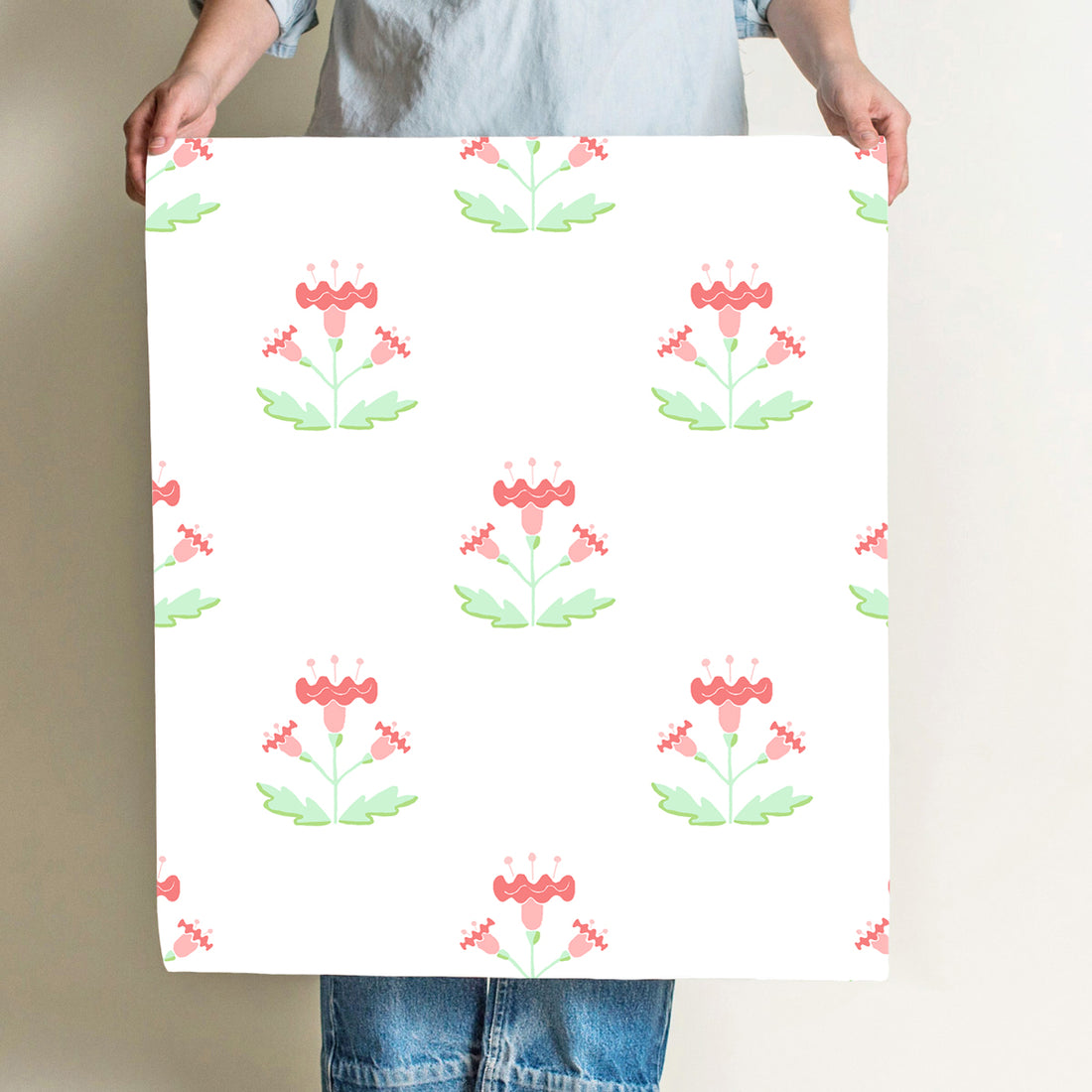 Block Print Style Pink Wallpaper by Sara Fitz