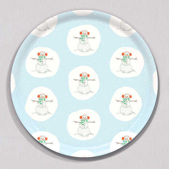Large Happy Snowman Tray, Round by Sara Fitz