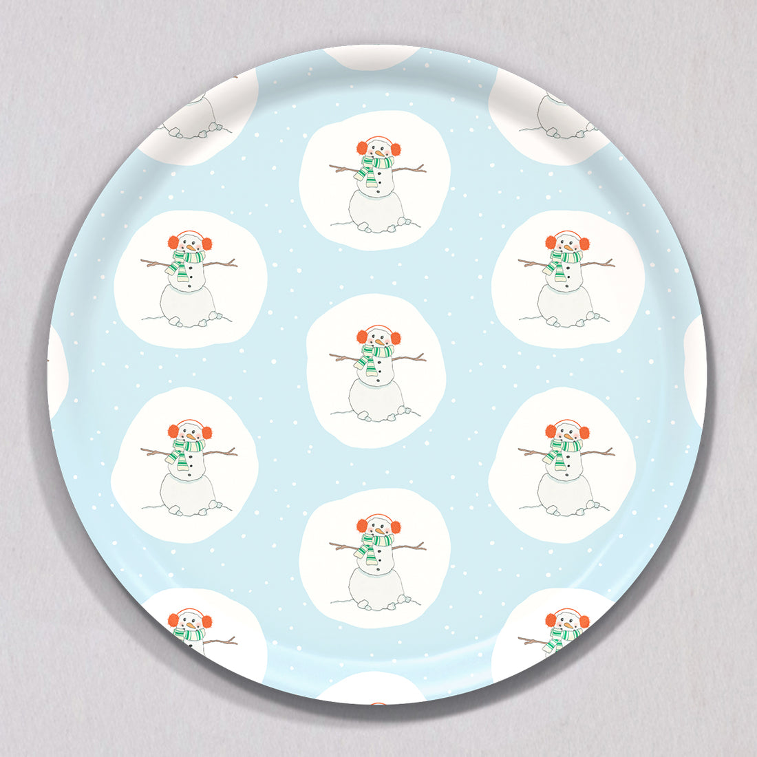Large Happy Snowman Tray, Round by Sara Fitz
